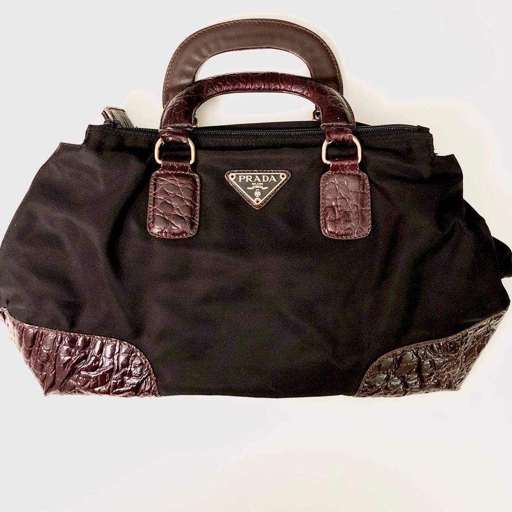 Prada Black Nylon Handbag with Brown Embossed Croc